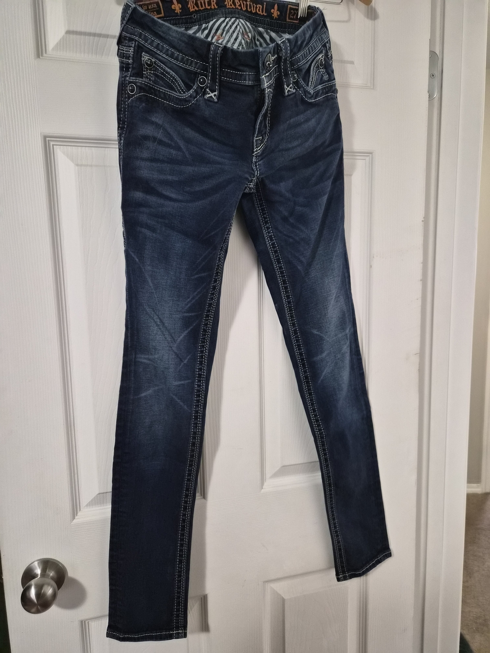 Rock Revival Women's Dark Blue Skinny Jeans with Contrast Stitching